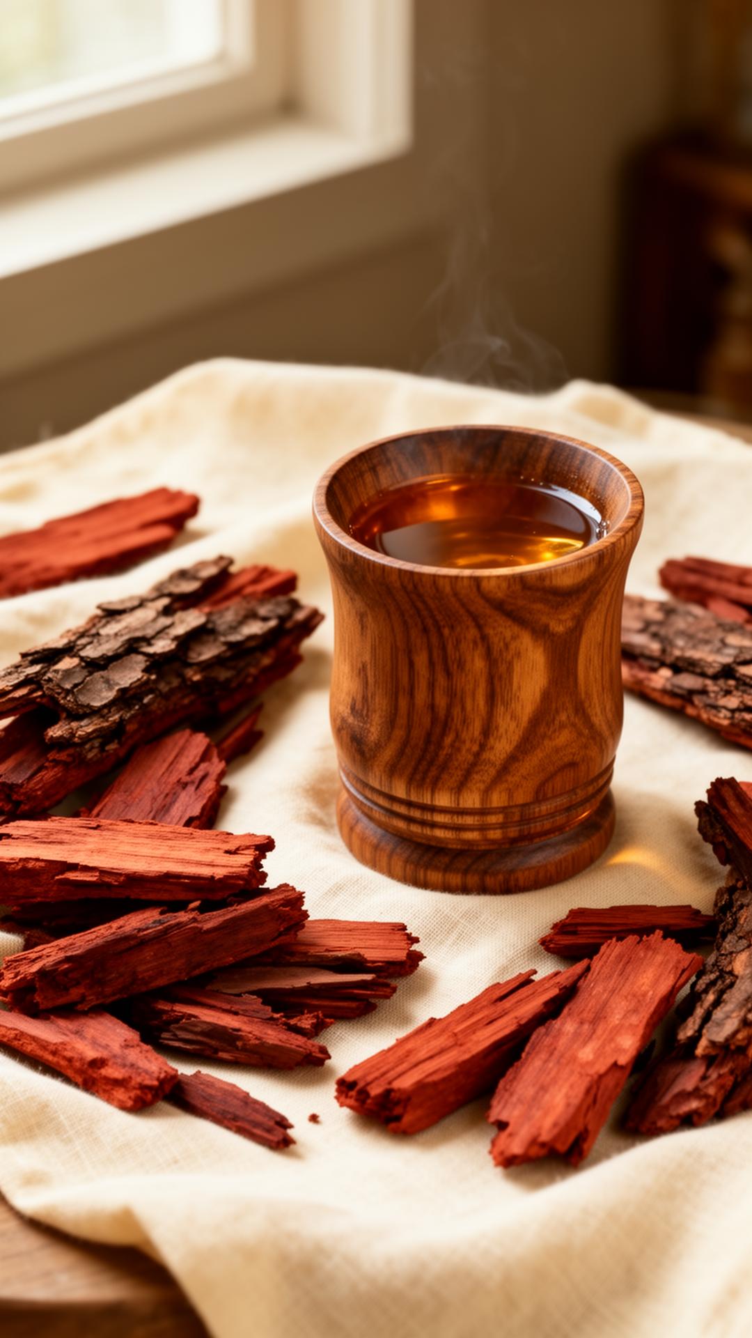 Vijaysar heartwood chips and a wooden tumbler of amber kino-infused water