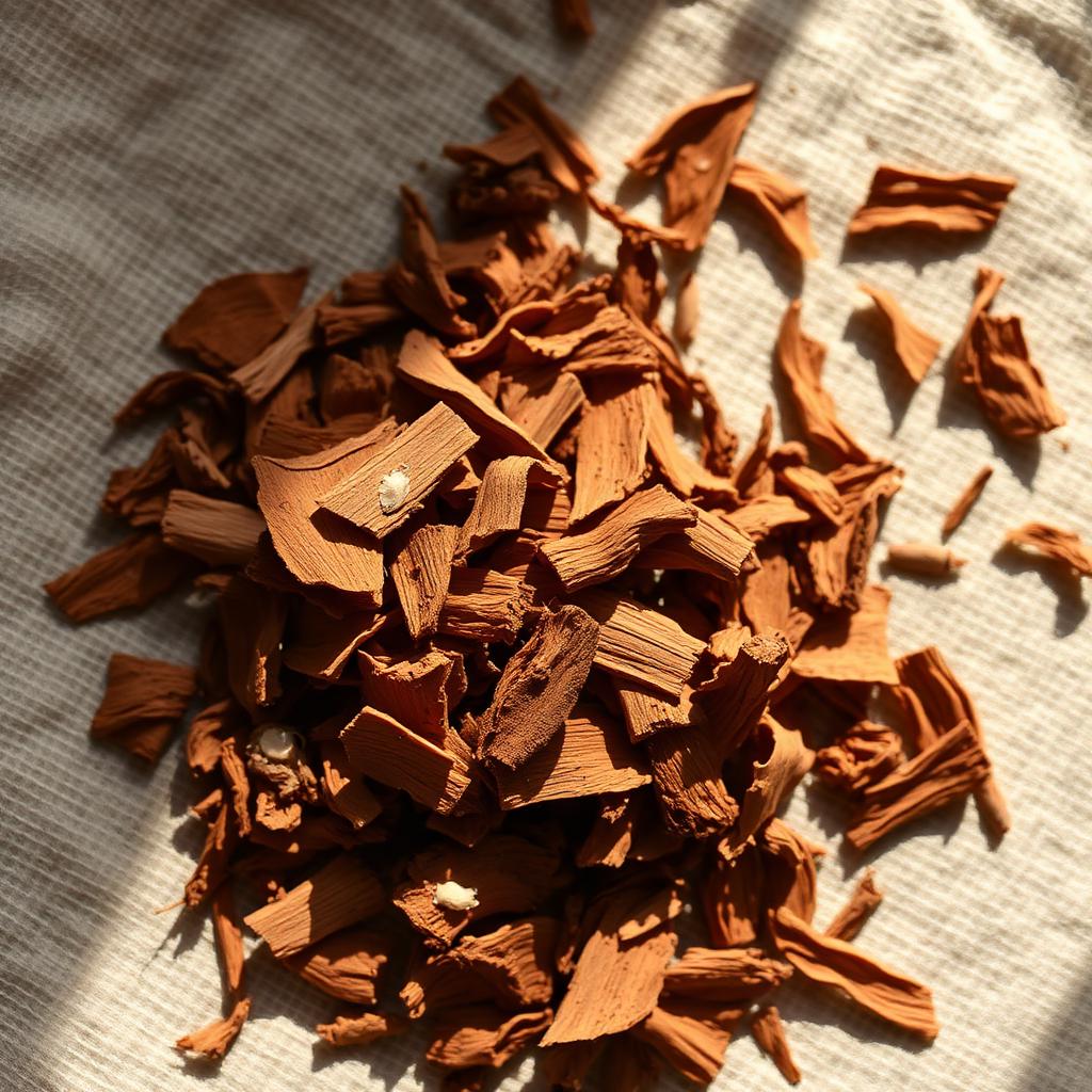 Dried reddish-brown Vijaysar heartwood chips on linen